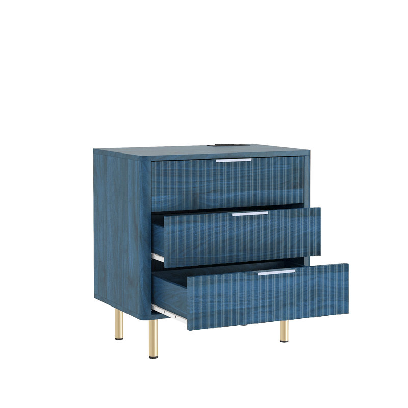 Table de bout à 3 tiroirs et prises encastrées, Bleu