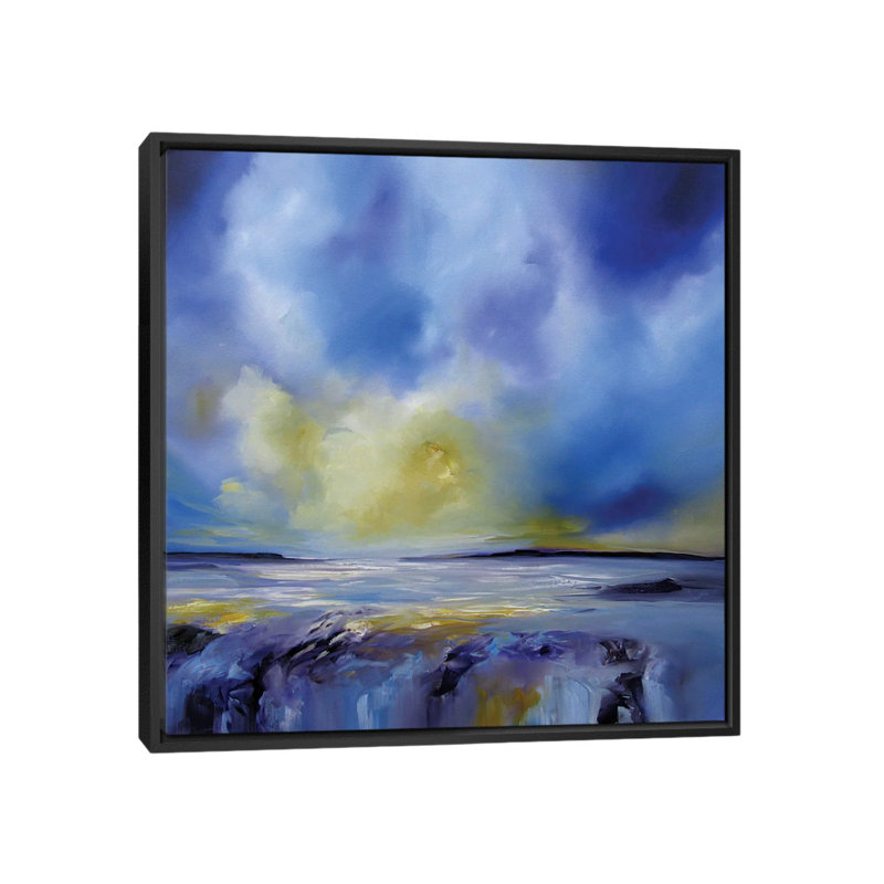 « blue symphony i », peinture sur toile tendue, H 18 po x l 18 po x P 1,5 po, Toile avec cadre noir, Pas de tapis