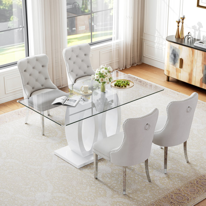 63" Rectangular Glass Dining Table Set, Clear Tempered Glass Top, Double O-Shaped Base, Velvet Upholstered Chairs with Stainless Steel Frames