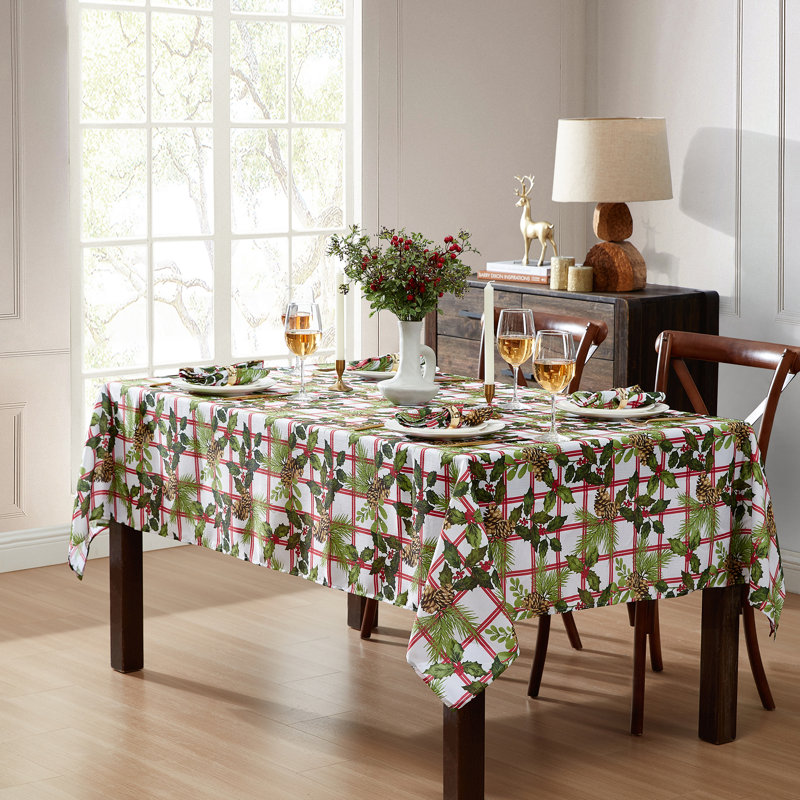Festive Pinecone Plaid Red and Green 70" Round Fabric Tablecloth