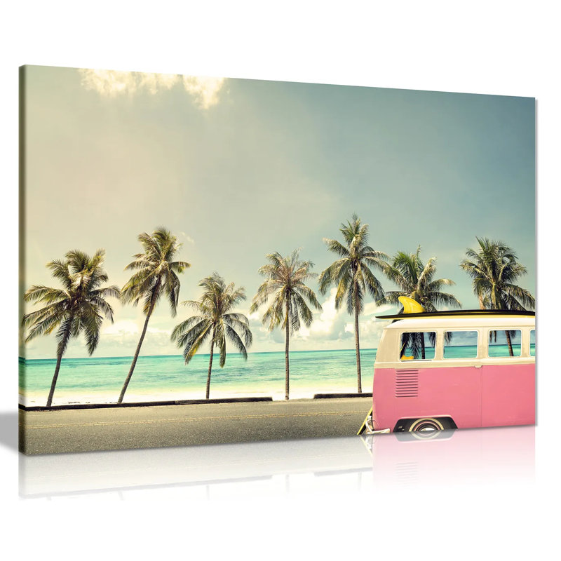 Campervan On Beach With A Surfboard - Wrapped Canvas Print, 51cm H x 76cm W