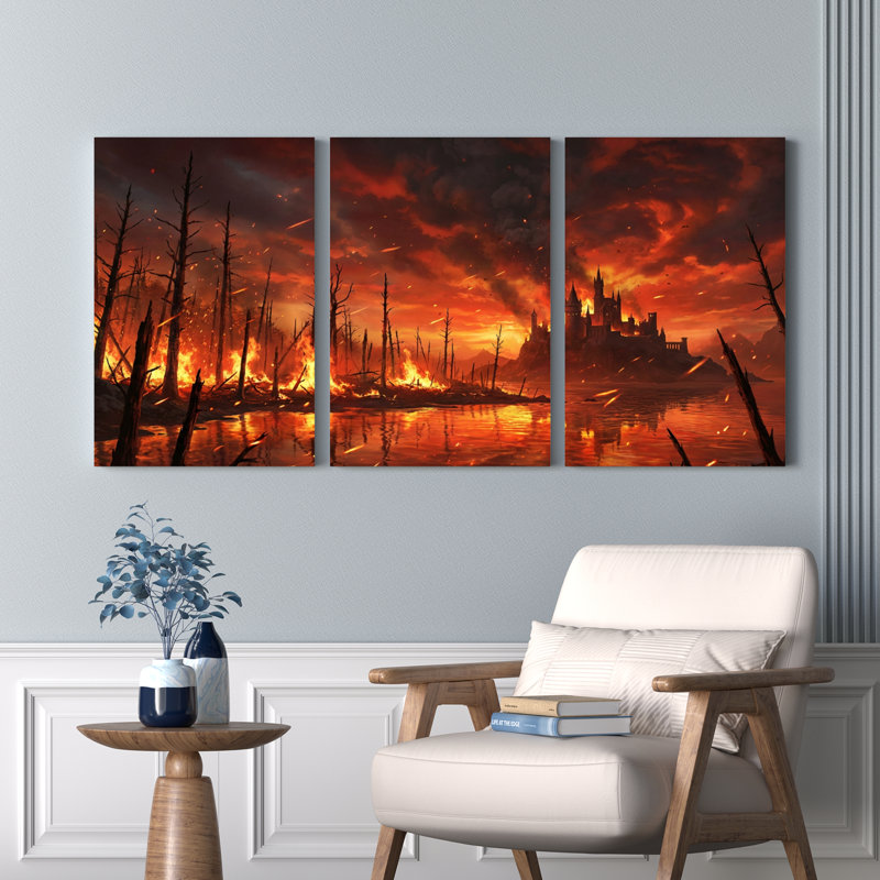 Ensemble de 3 tableaux sur toile représentant un paysage fantastique de château en feu, 2436