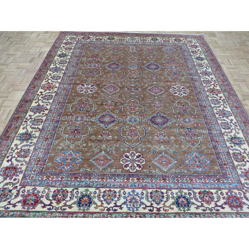 Tapis brun en laine noué à la main de conception unique 8 pi 4 po x 10 pi 3 po Fonville