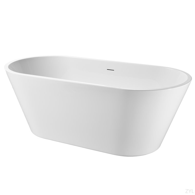 Baignoire autoportante en acrylique, baignoire autoportante ovale avec drain chromé Toe-Tap et trop-plein rainuré classique, certifié Cupc, blanc brillant
