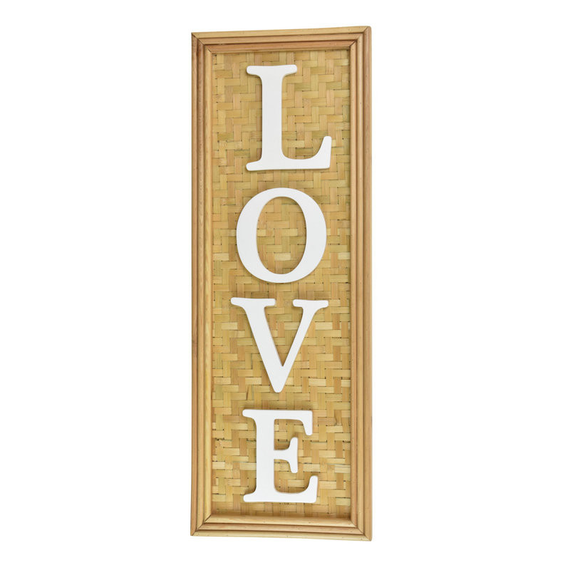 Love Wall Decor Sign with White Text on Brown Woven Wood Background
