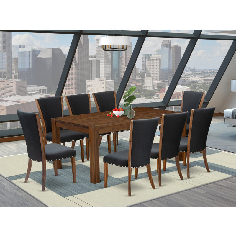 9 Piece Dining Table Set Includes a Rectangle Rustic Wood Kitchen Table and 8 Black Color Linen Fabric Parson Dining Room Chairs, Antique Walnut