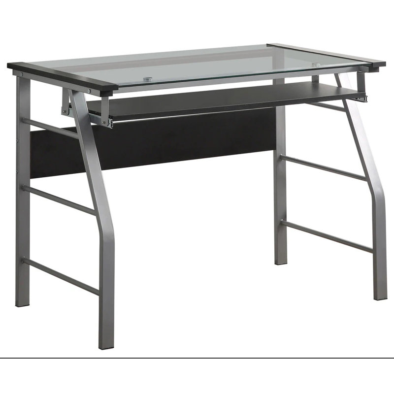 Modern Computer Desk with Pull-Out Keyboard Tray, Clear Glass Top, and Silver Metal Frame for Home Office and Study Rooms