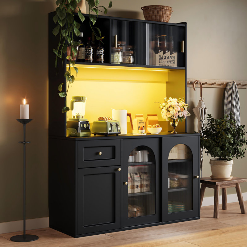 Kitchen Cabinet With Led, 5 Doors And 1 Drawer White, Black