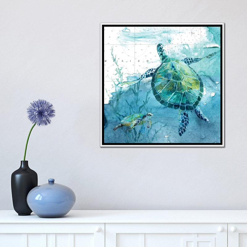 « Island Swim II » par Carol Robinson, reproduction d’art, Toile blanche encadrée, Pas de tapis, H 18 po x l 18 po x 1,5 po