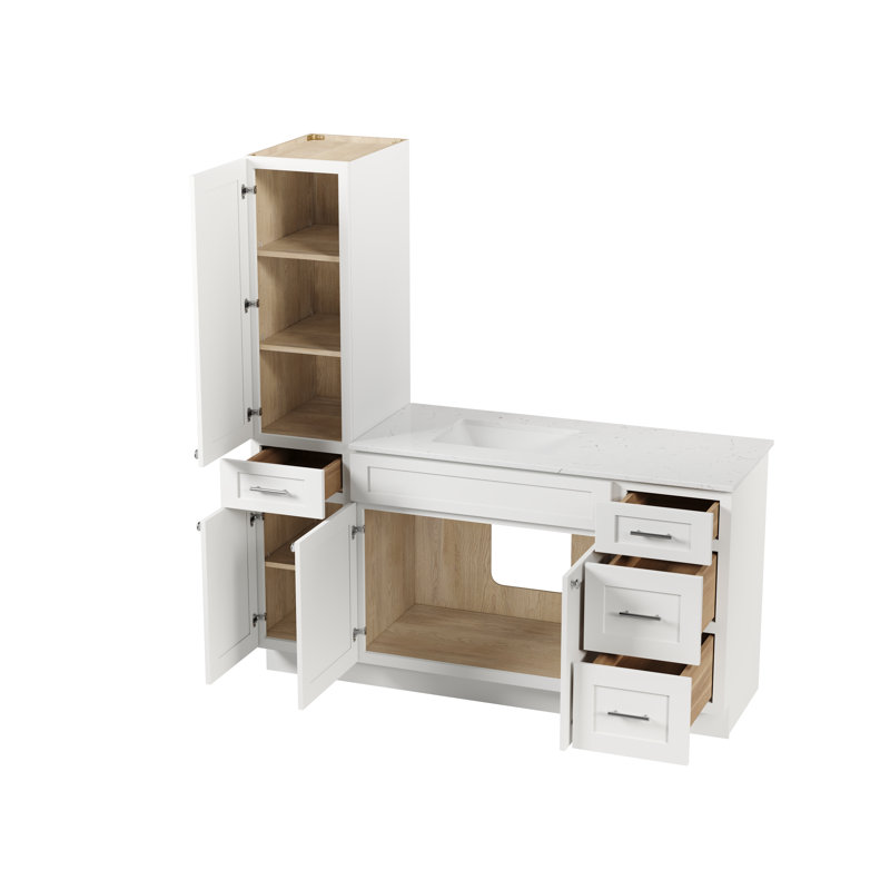 Disar 66' Single Bathroom Vanity With Left Linen Tall Cabinet Dovetail Solid Wood Drawer Carrara Quartz Top, White