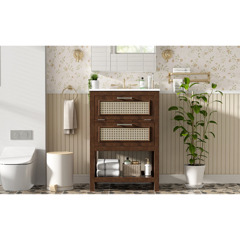 Meuble-lavabo de 24 po avec lavabo attaché, conception compacte et spacieuse, poignées en fer, adultes faciles à assembler, ajustement à 4 robinets, aspect contemporain brun foncé