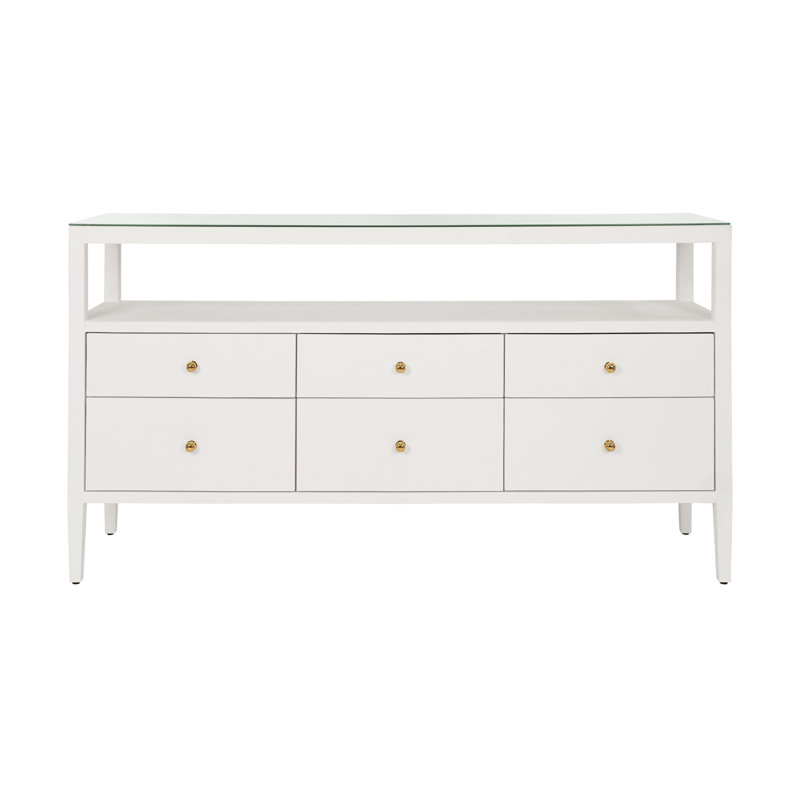 Six Drawer Console With Open Shelf In Burl Wood With Polished Brass Knobs, White