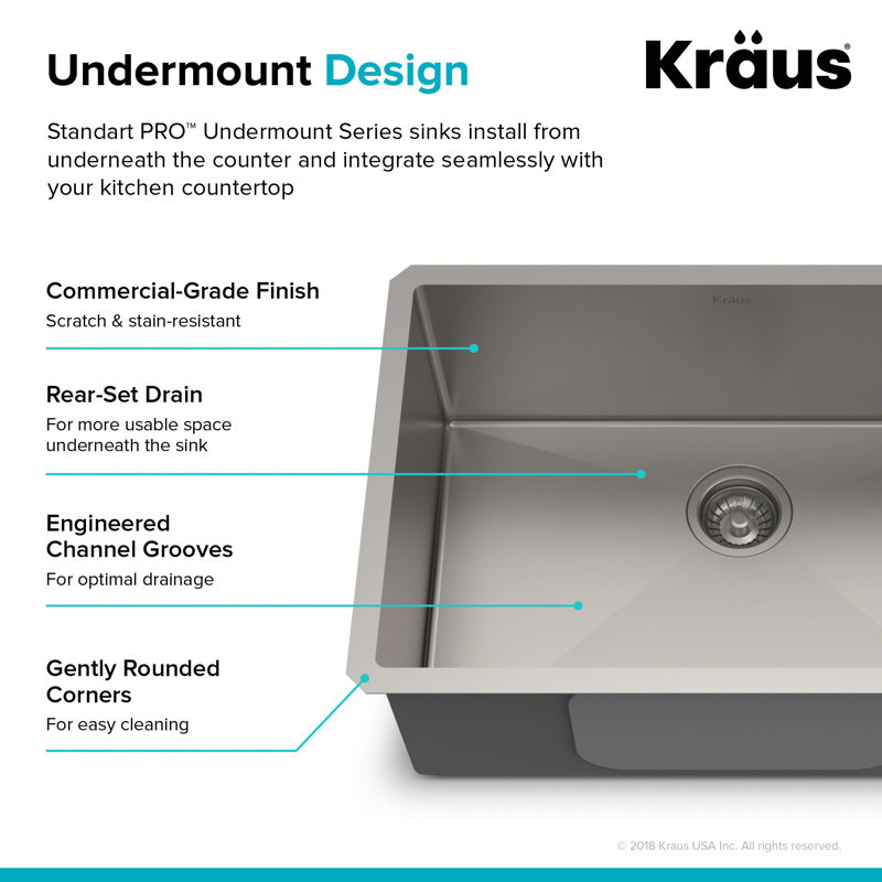 KRAUS Standart Pro Undermount 16 Gauge Stainless Steel Bar Kitchen Sink, 10" H x 17" W x 17" L, Single Bowl