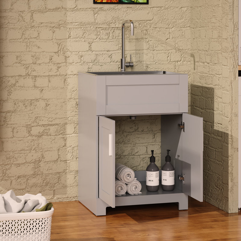 Armoire de buanderie 24 po avec lavabo en acier inoxydable, gris