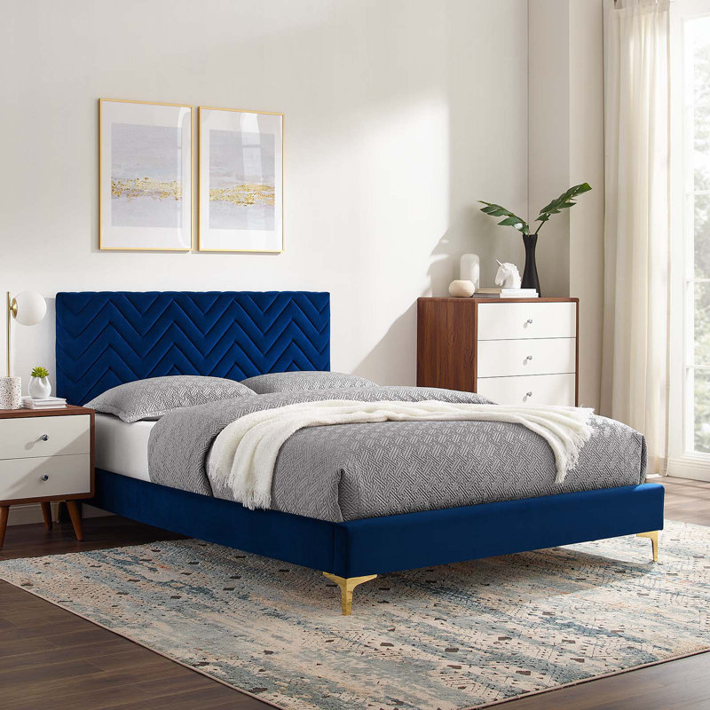 Modway Leah Chevron Tufted Performance Velvet Platform Bed, Navy, King
