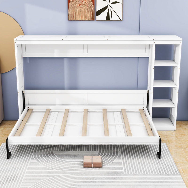 Wooden Murphy Bed with Bookshelf, White, Full / Double