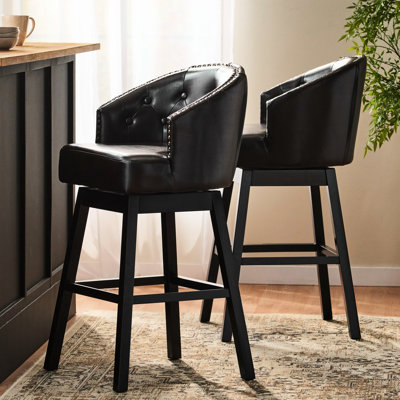 Tabouret de bar pivotant à 360 degrés de 2 po avec design contemporain, couture gaufrée à boutons, garnitures cloutées, pieds en bois d'hévéa pour la cuisine et la maison, cadre de siège