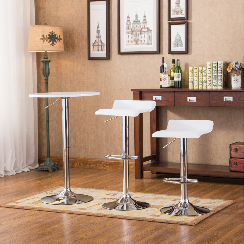 Adjustable Height Wood And Metal Bar Table And 2 Air Lift Adjustable Swivel Stools Set