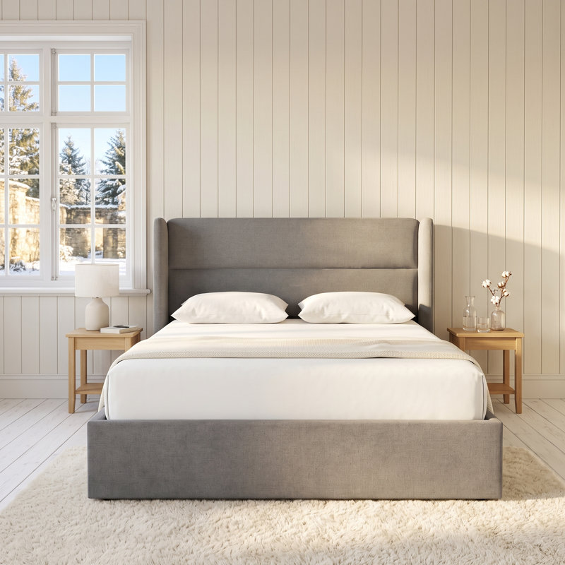 Structure de lit tapissier Annek avec rangement relevable, tête de lit à oreilles de H 40,9 po, lattes de bois et structure en métal, plusieurs tailles et options de tissu disponibles
