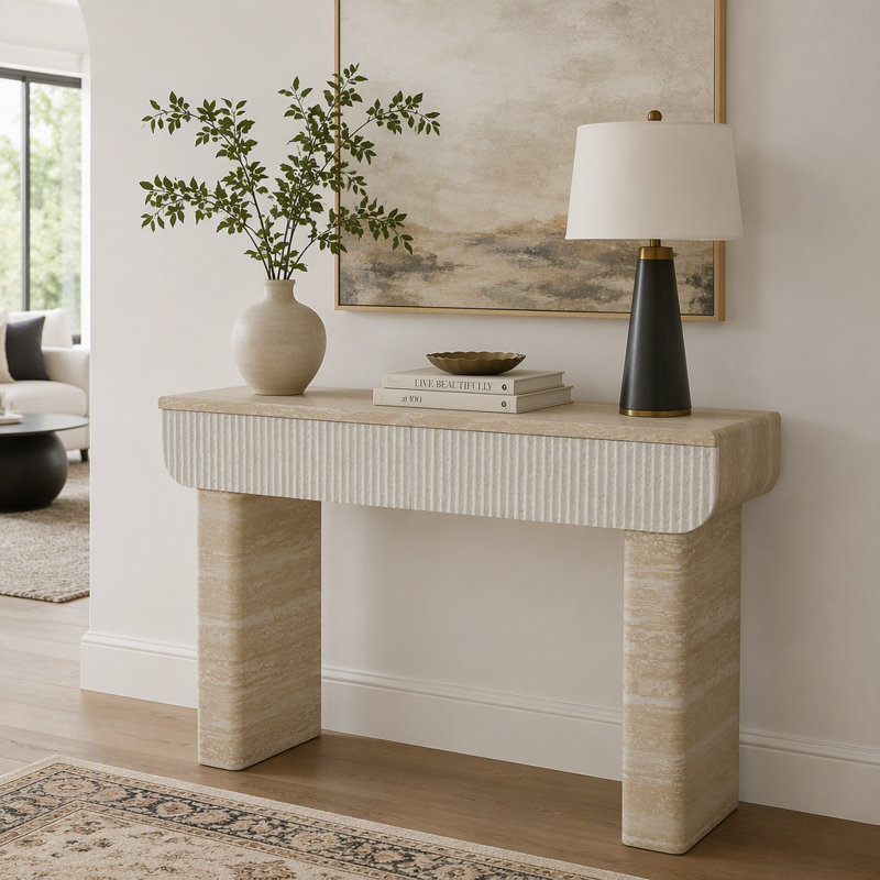 Table d'entrée, console avec deux tiroirs à poignées dissimulées, Beige / jaune, Beige / jaune, Beige / jaune