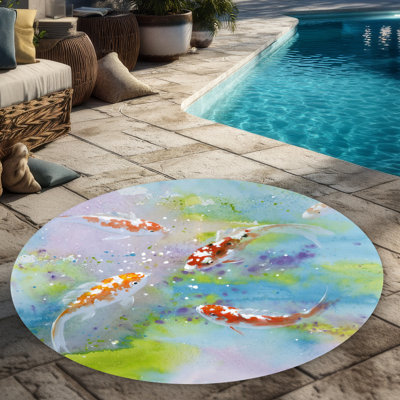 Four Koi Fish Swimming Rug | Exotic Round Outdoor Decor
