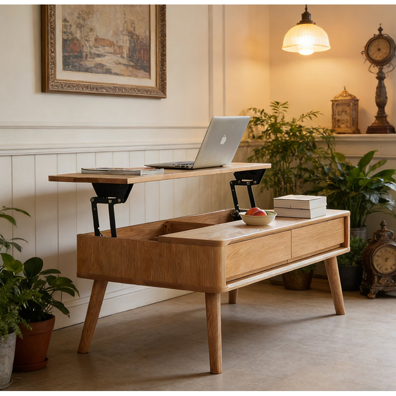 Table basse 100% chêne massif avec tablette de rangement, facile à assembler, 39.37, Bois naturel