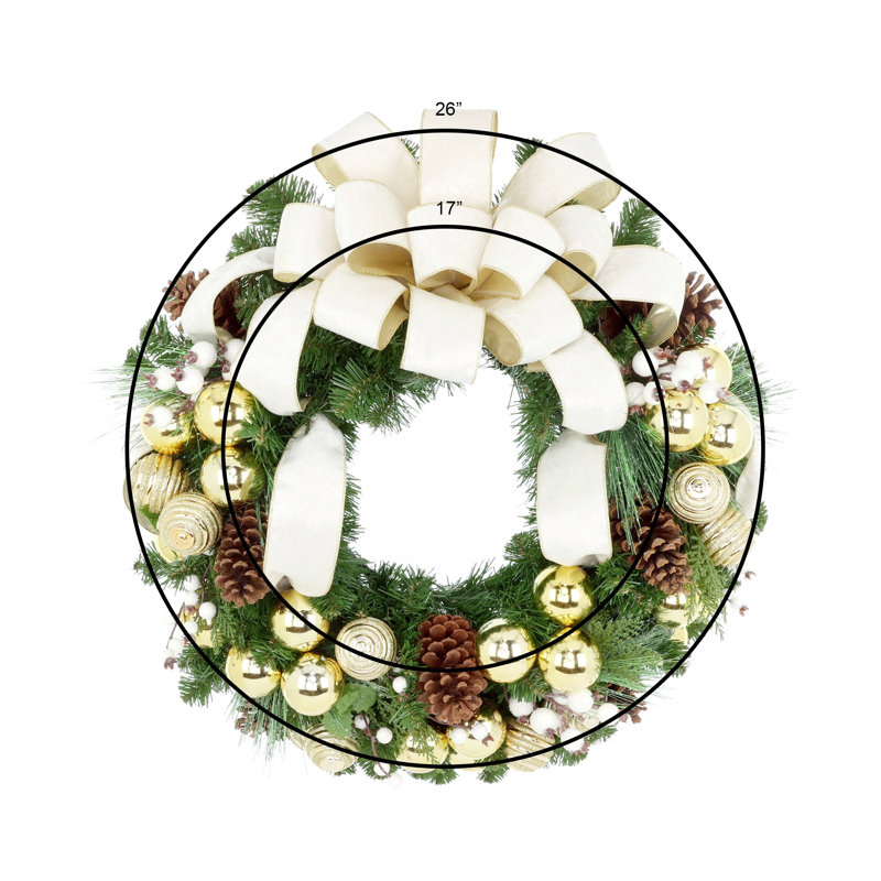 Holiday Wreath with Cream and Gold Ribbon, Ornaments and Berries Wreath