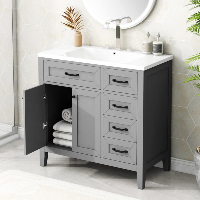 Meuble-lavabo 36 po avec lavabo et porte, armoire de rangement en céramique, Noir, Gris