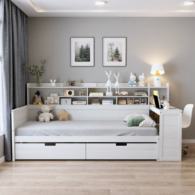 Antique White Twin Daybed with Storage Drawers, Shelves & Built-in Study Desk - Space-Saving Multi-Functional Bed