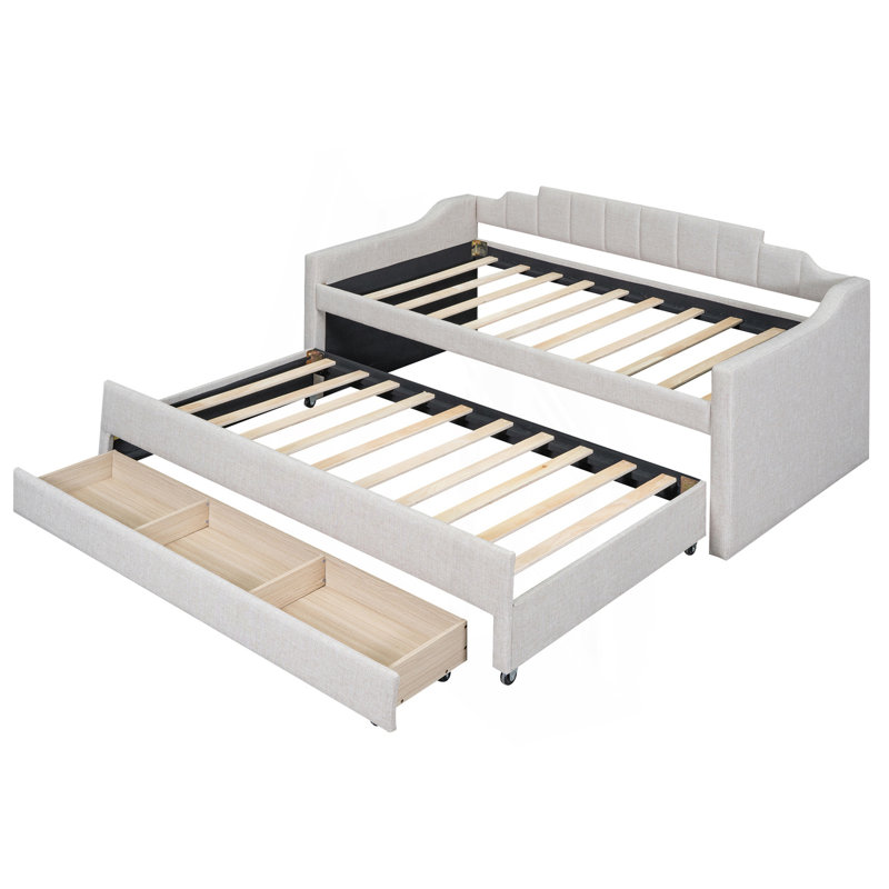 Twin Size Upholstered Daybed With Trundle And Three Drawers, Guest Bed, Beige