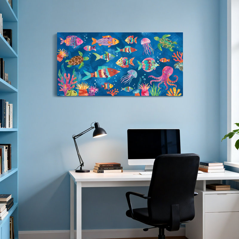 Animaux, motif de créatures marines colorées sous l'eau, H 28 po x l 58 po
