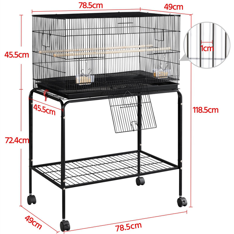 118.5cm Metal Flight Cage with Wheels, Black