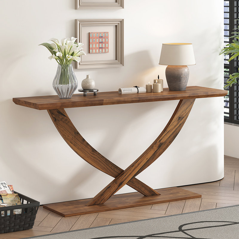 Console moderne avec pieds croisés et grande surface, Brun