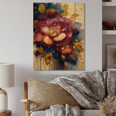 Motif floral rouge et doré Camellia II - impression sur bois sans cadre