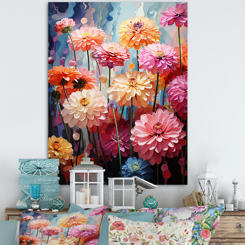 Reproduction d'art sur toile Zinnias, H 32 po x l 24 po x P 1 po, Toile tendue