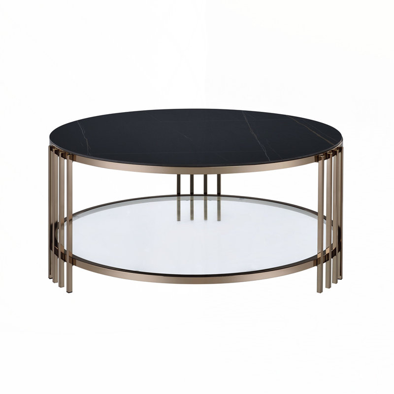 Table basse ronde en fritté avec plateau en pierre et champagne, Noir et or