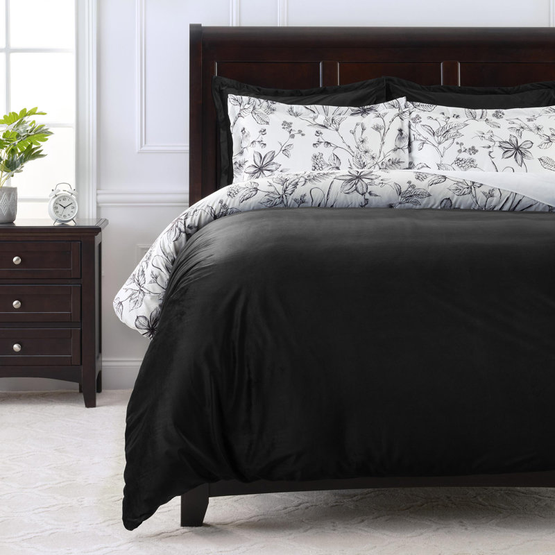 Ensemble de housse de couette réversible en microfibre noire 3 pièces, Housse de couette très grand + 4 taies d'oreiller