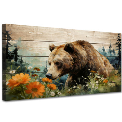 Ours, art mural sur toile, ferme rustique, peinture sur toile, ours en forêt rétro, impressions sur toile pour salon, chambre à coucher prête à être suspendue avec crochet 16 x 32 po