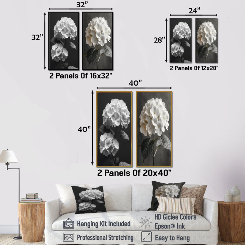 Ensemble de 2 pièces monochromes en noir et blanc, beauté botanique I - hortensia, H 28 po x l 24 po, Toile tendue sur cadre