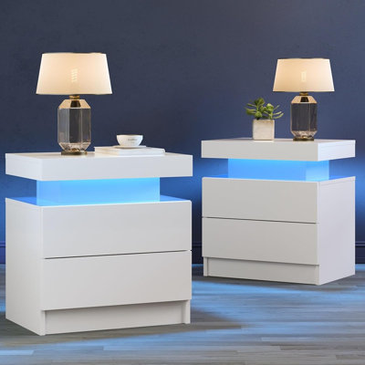 White Nightstand Set Of 2 LED Night Stand For Bedroom White Mode...