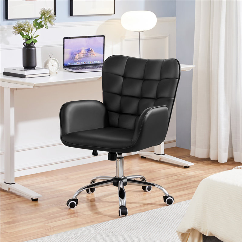 Poche Faux Leather Desk Chair with Padded Armrests, Black