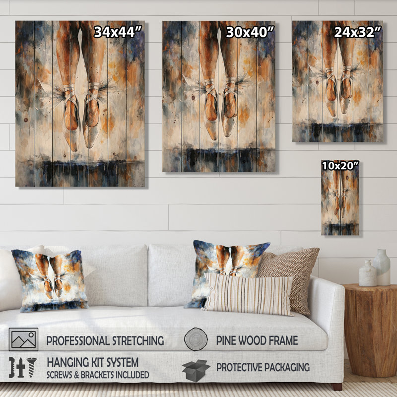 Modern Ballerina Shoes - Ballet Wood Wall Art On Natural Pine Wood, 44" H x 34" W