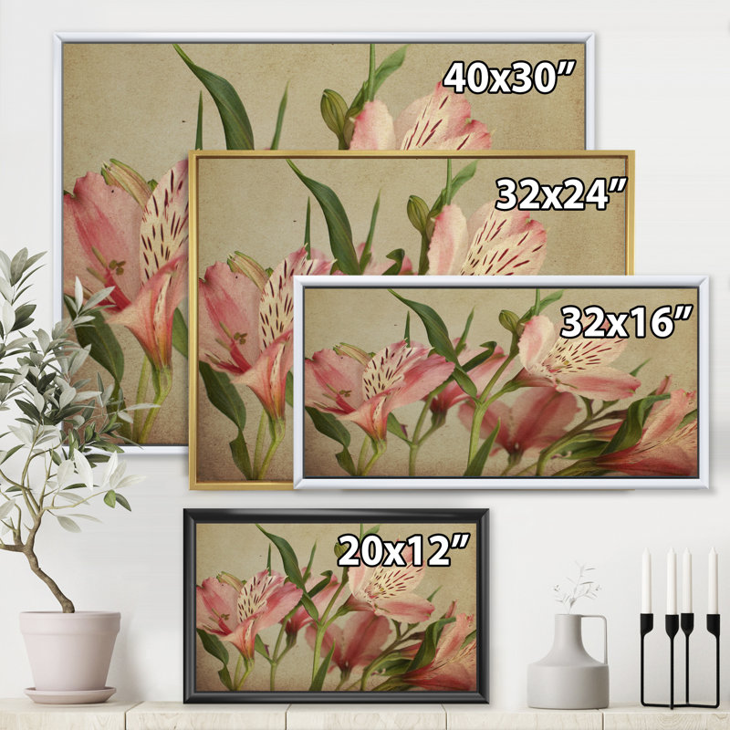 «Retro Alstroemeria Flower», impression sur toile, H 16 po x l 32 po x p 1 po, Toile avec cadre noir