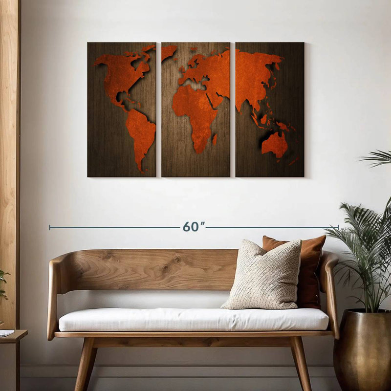 Ancienne carte du monde en bois Aliaz, H 28 po x l 45 po