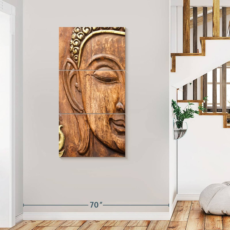 Bouddha en bois sculpté 3 pièces, H 75 po x l 36 po x P 1,25 po