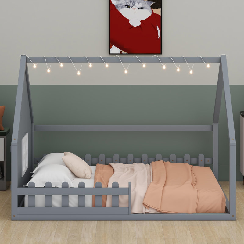 Lit maison avec fenêtre et clôture, DEL, Gris