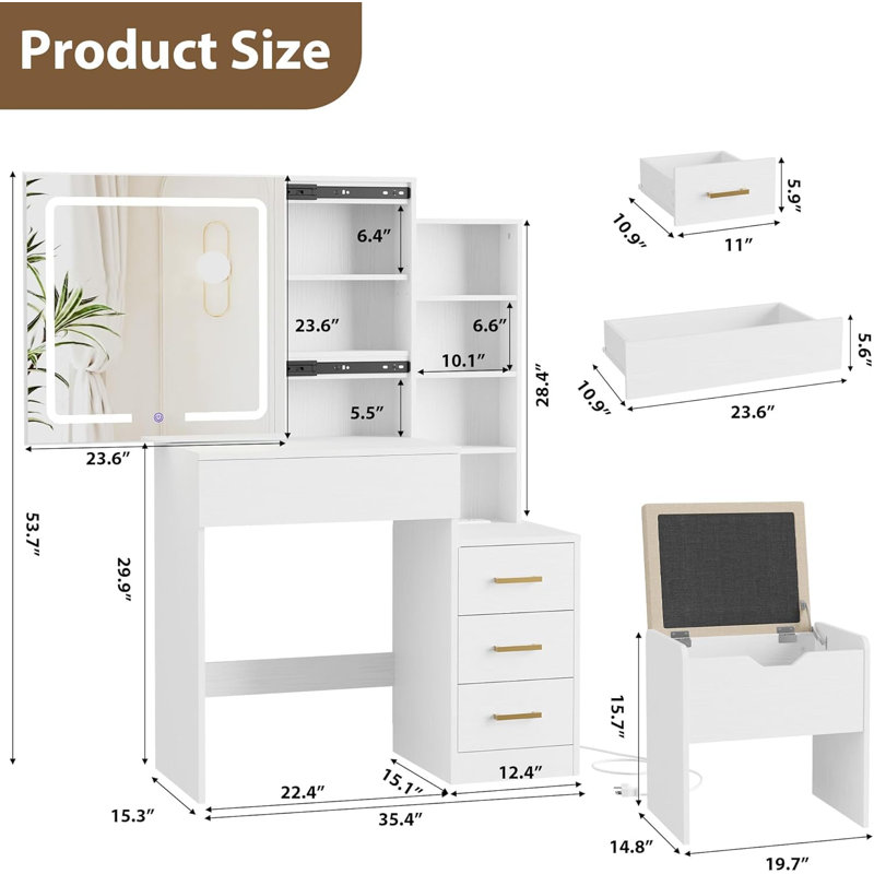 Meuble-lavabo avec lumières DEL et miroir coulissant avec prise de courant à 4 tiroirs - blanc