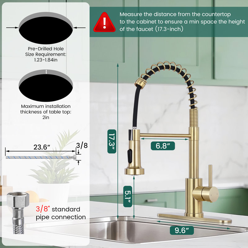 Robinet de cuisine à poignée simple avec deux modes de sortie d'eau rétractable, Or brossé
