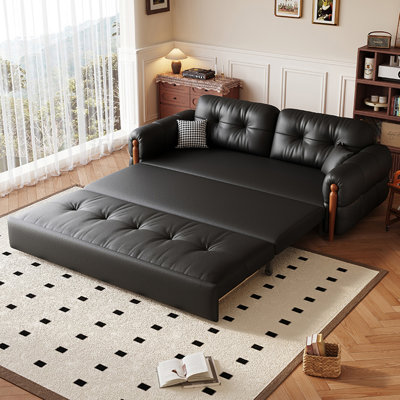 74.80"Black Modern Genuine Leather Sofa Bed