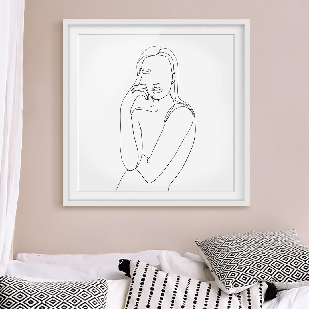 Gerahmter Kunstdruck Line Art Thoughtful Woman Black White